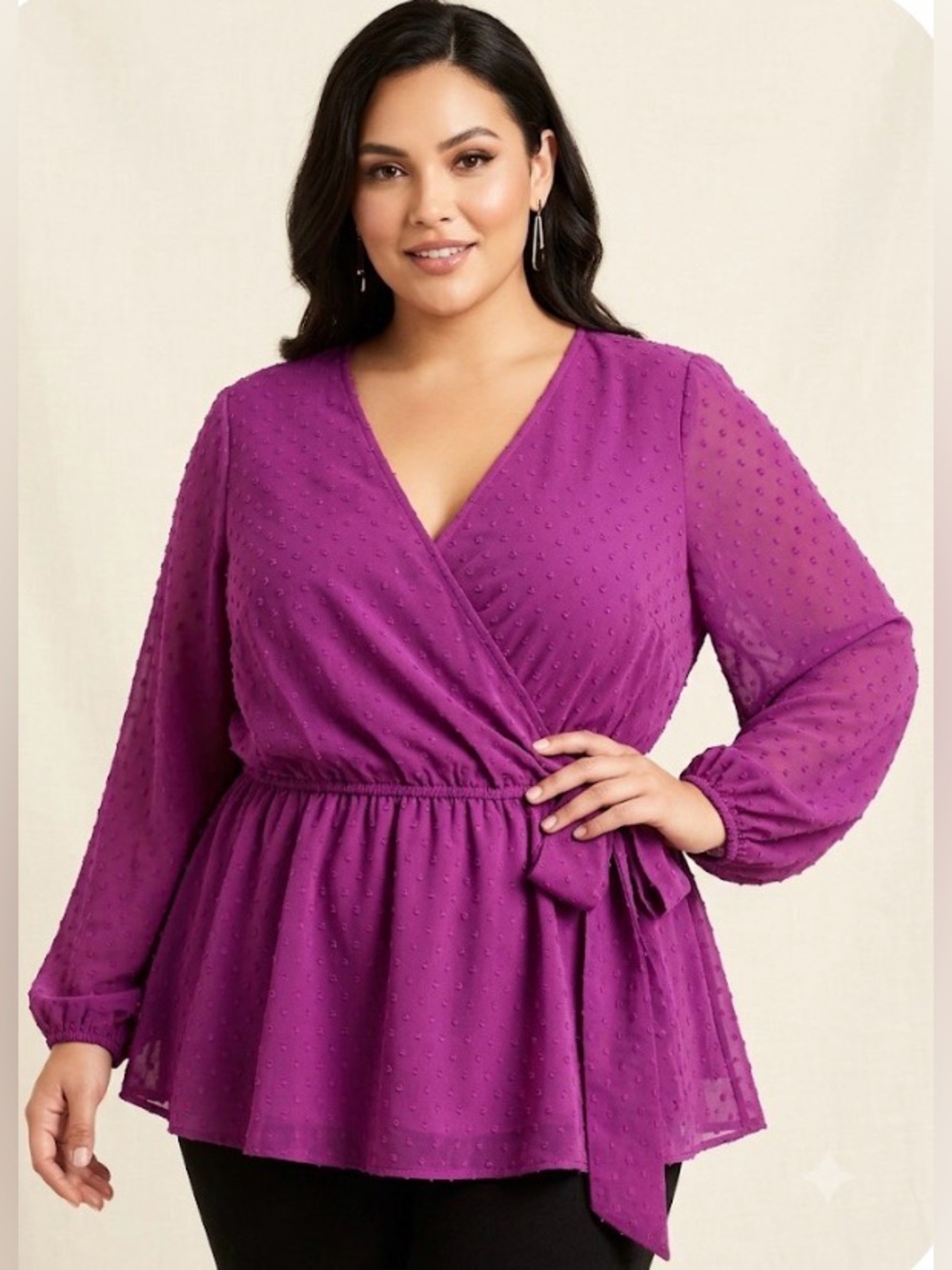 City Chic Wild Dobby faux wrap top features sheer long sleeves XXL/24 purple